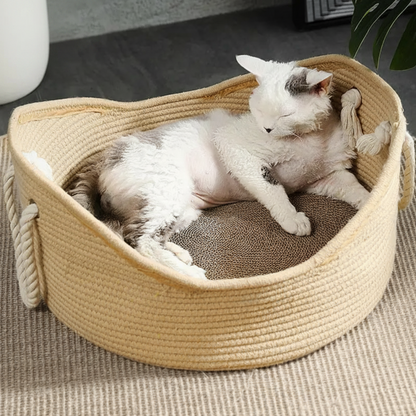 PawWeave™ woven cotton rope cat basket bed dimensions — 40cm or 50cm diameter, 20cm wall height, with cushion mat and scratcher board inserts shown