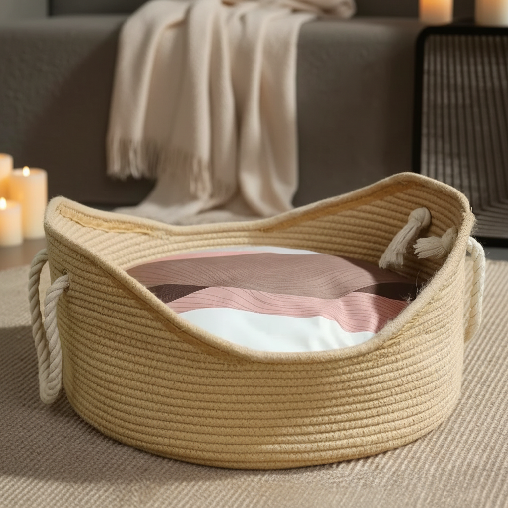 Close-up of knotted cotton rope handle and wave rim detail on PawWeave™ cat basket bed