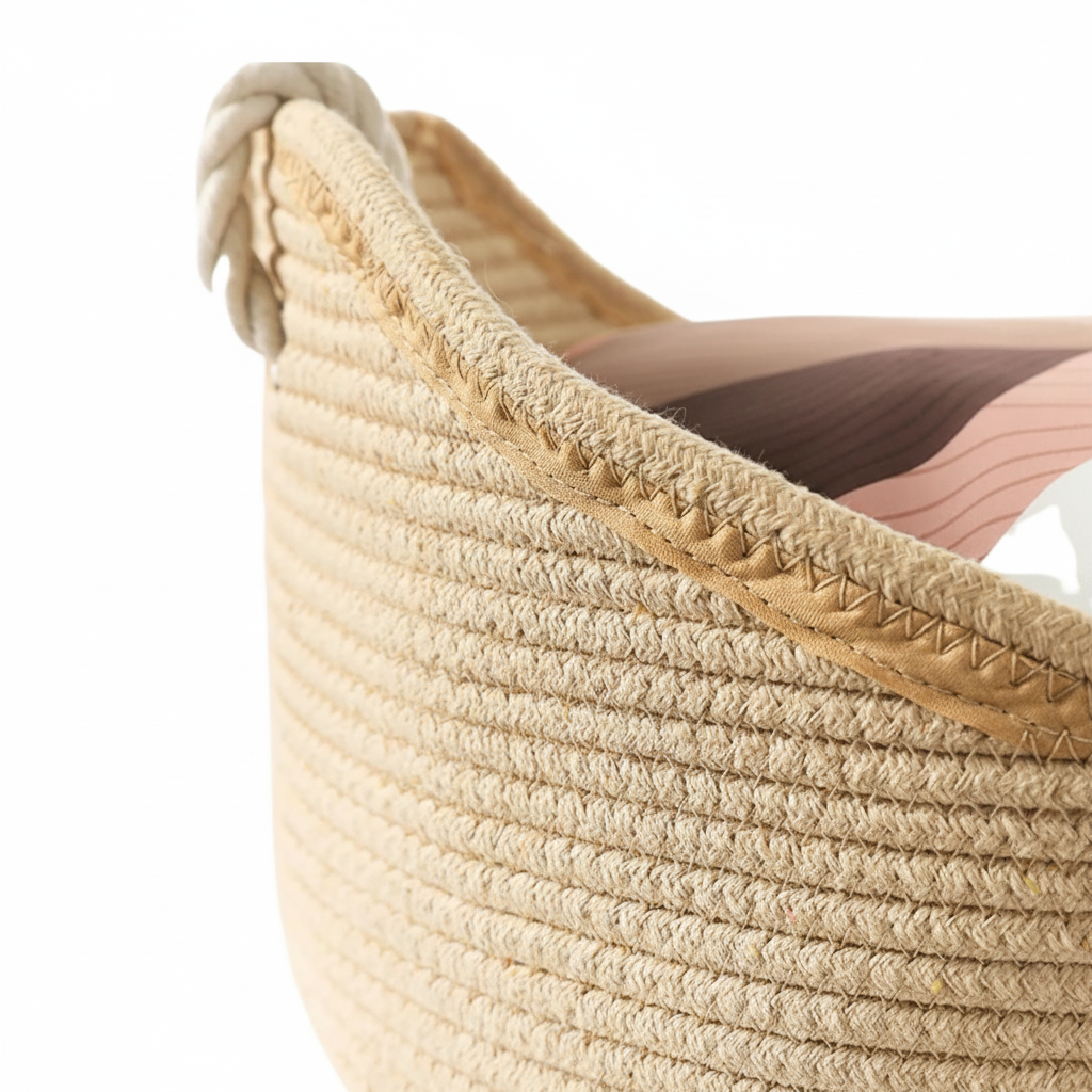 Close-up of knotted cotton rope handle and wave rim detail on PawWeave™ cat basket bed pet