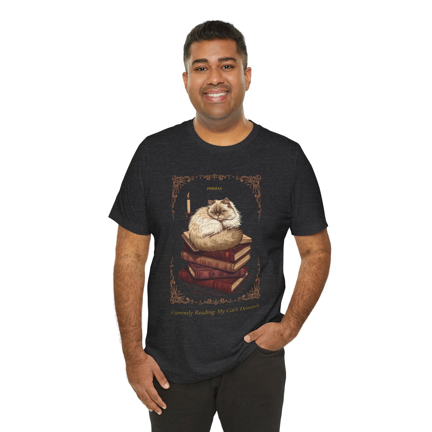 Black Heather colourway of the Persian Cat t-shirt