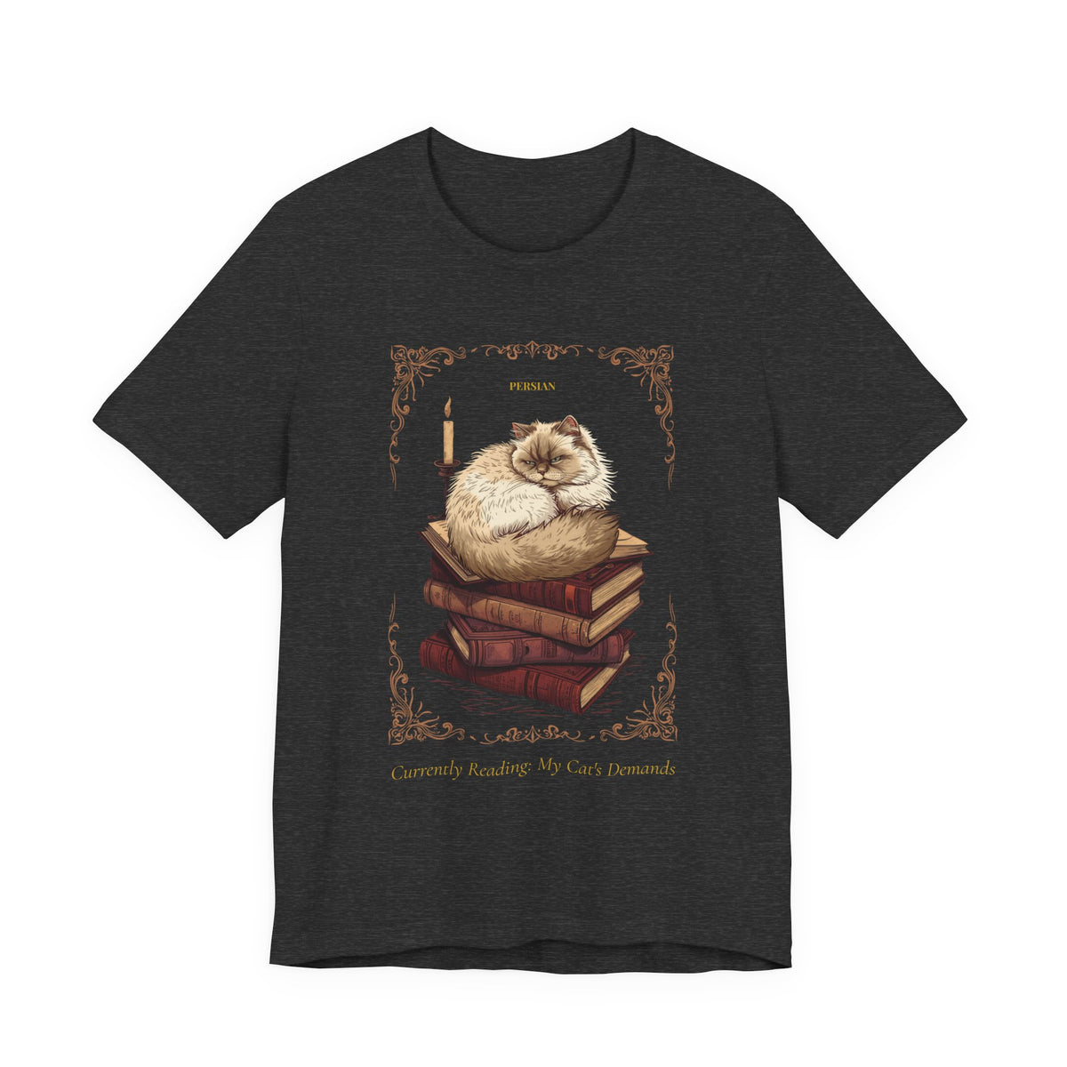 Dark Grey Heather colourway of the Persian Cat t-shirt