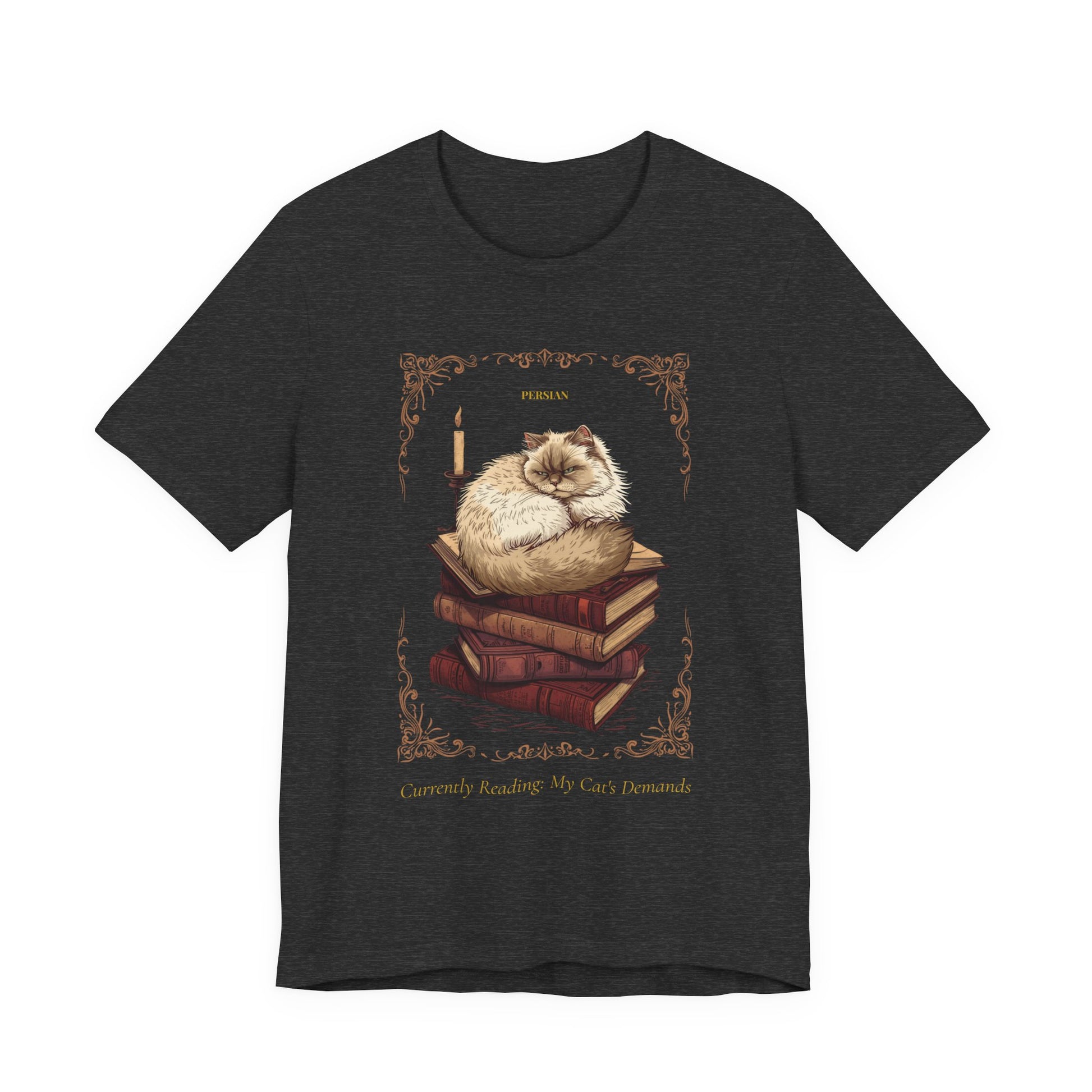 Dark Grey Heather colourway of the Persian Cat t-shirt