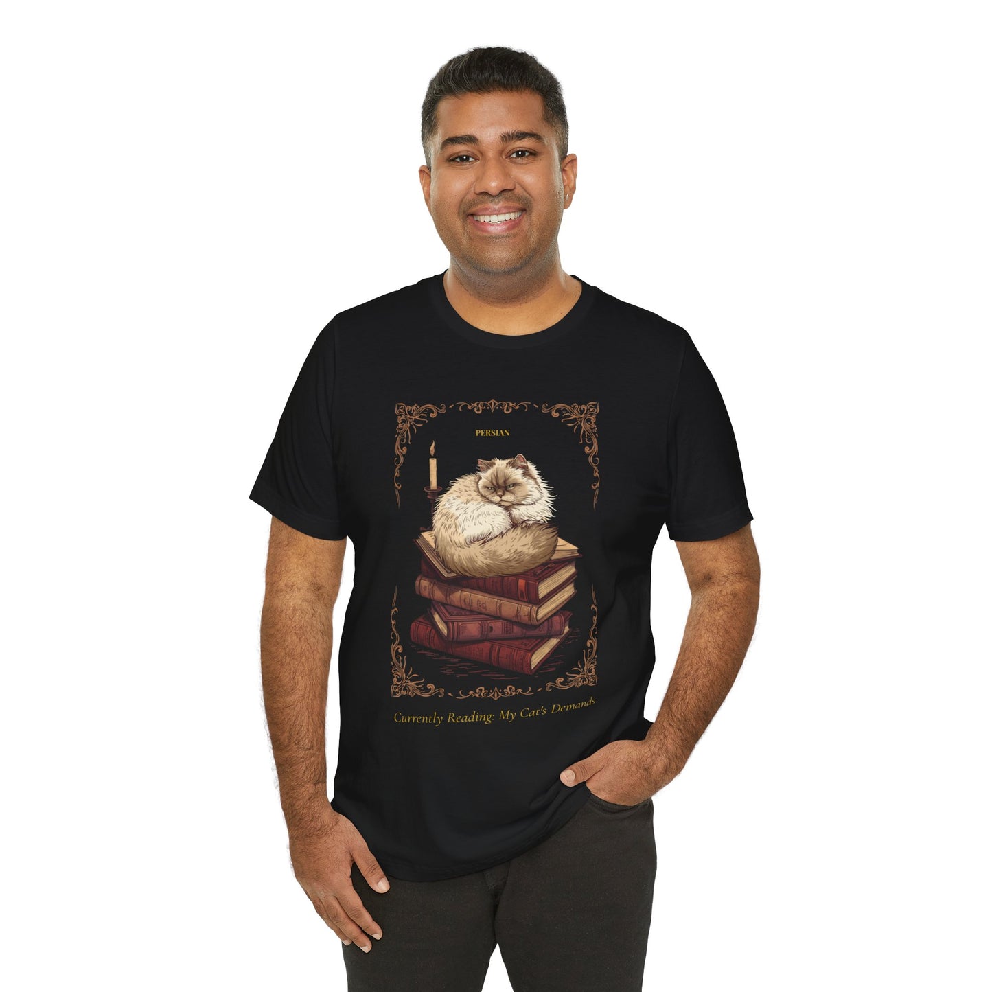 Model wearing the Persian Cat reading tee, side angle