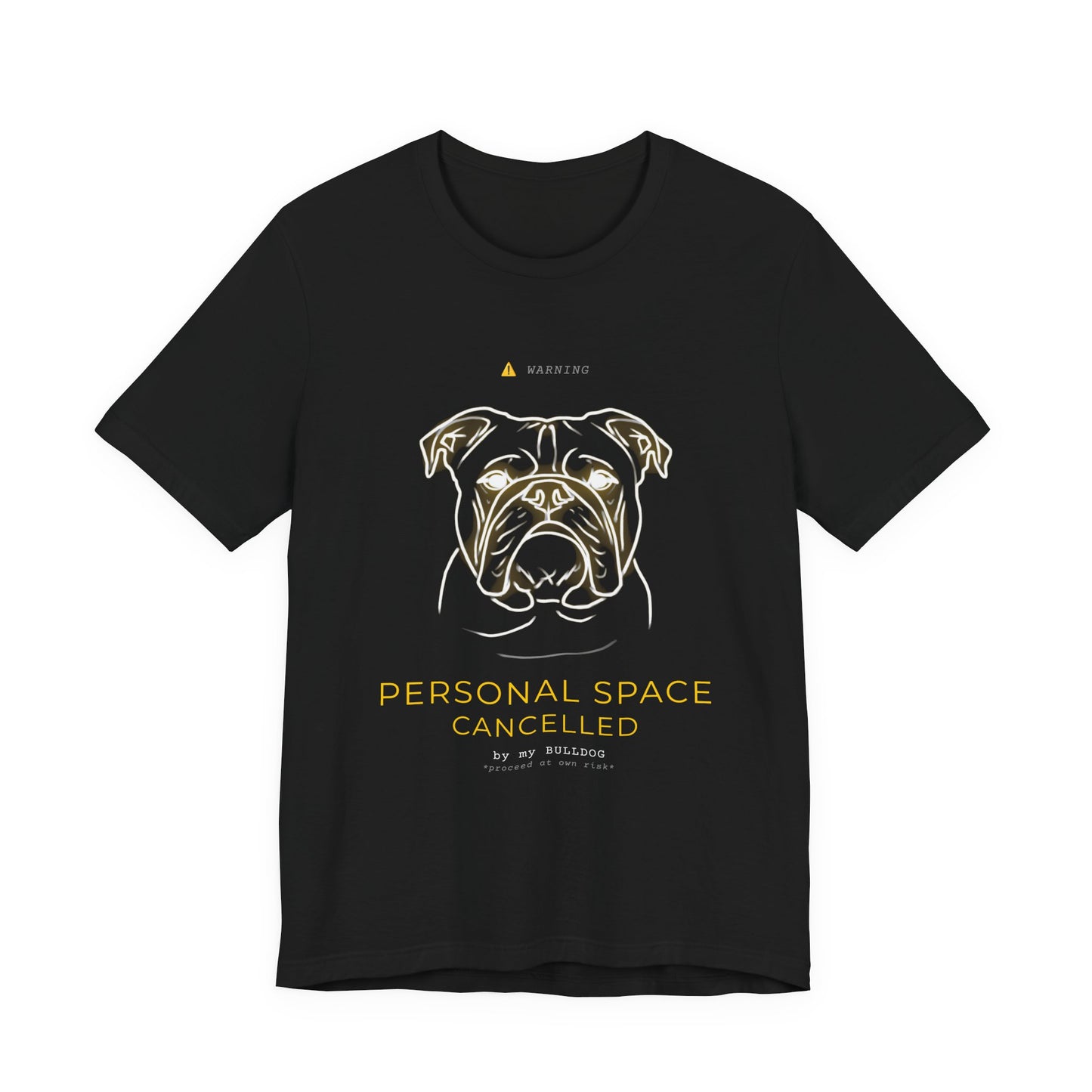 Personal Space Cancelled Bulldog T-Shirt — worn outdoors on a walk