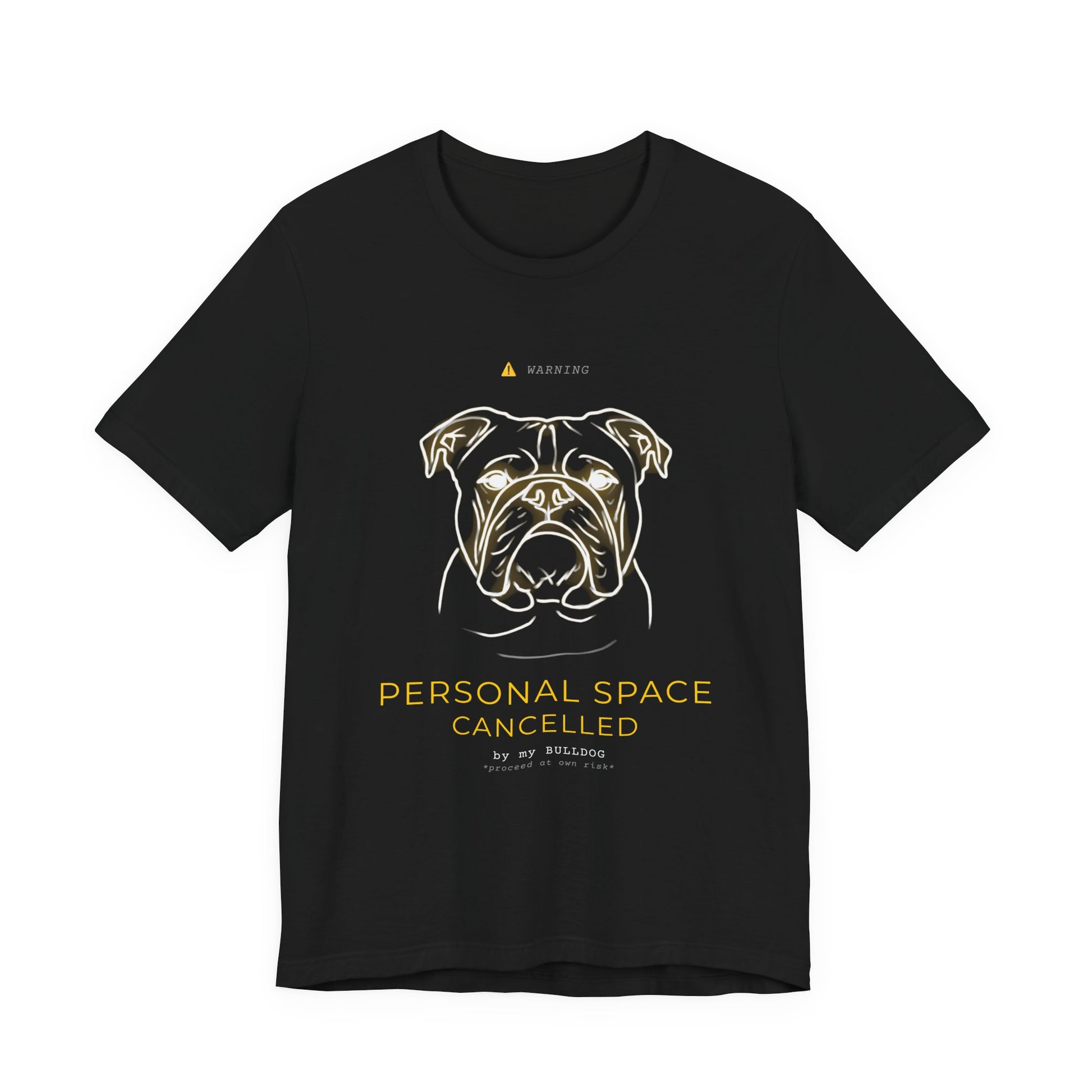 Personal Space Cancelled Bulldog T-Shirt — worn outdoors on a walk