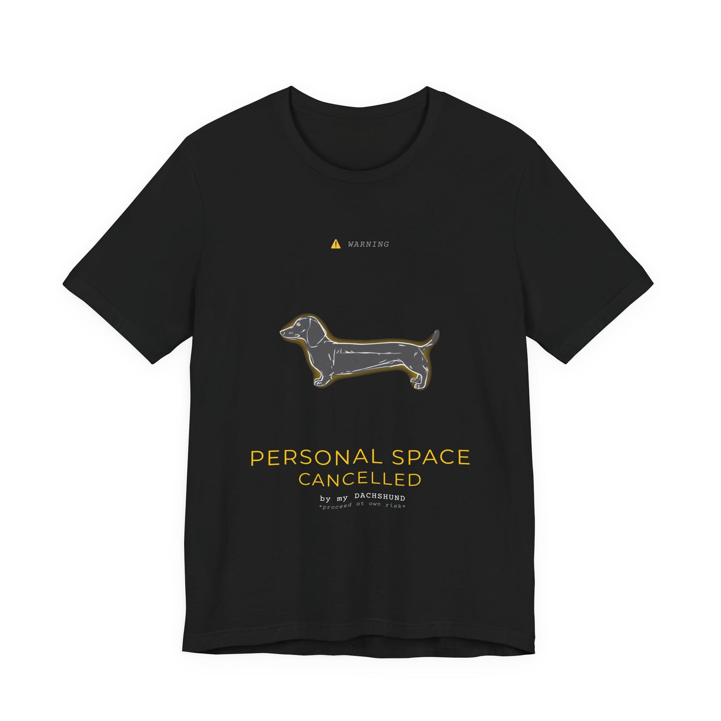 Personal Space Cancelled Dachshund T-Shirt — worn outdoors on a walk