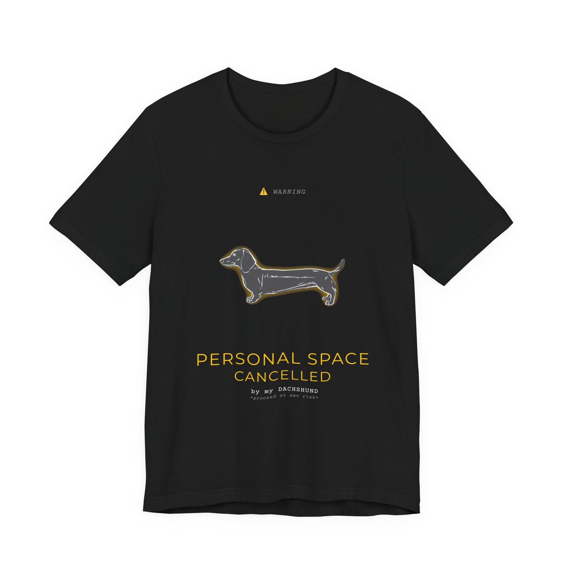Personal Space Cancelled Dachshund T-Shirt — worn outdoors on a walk