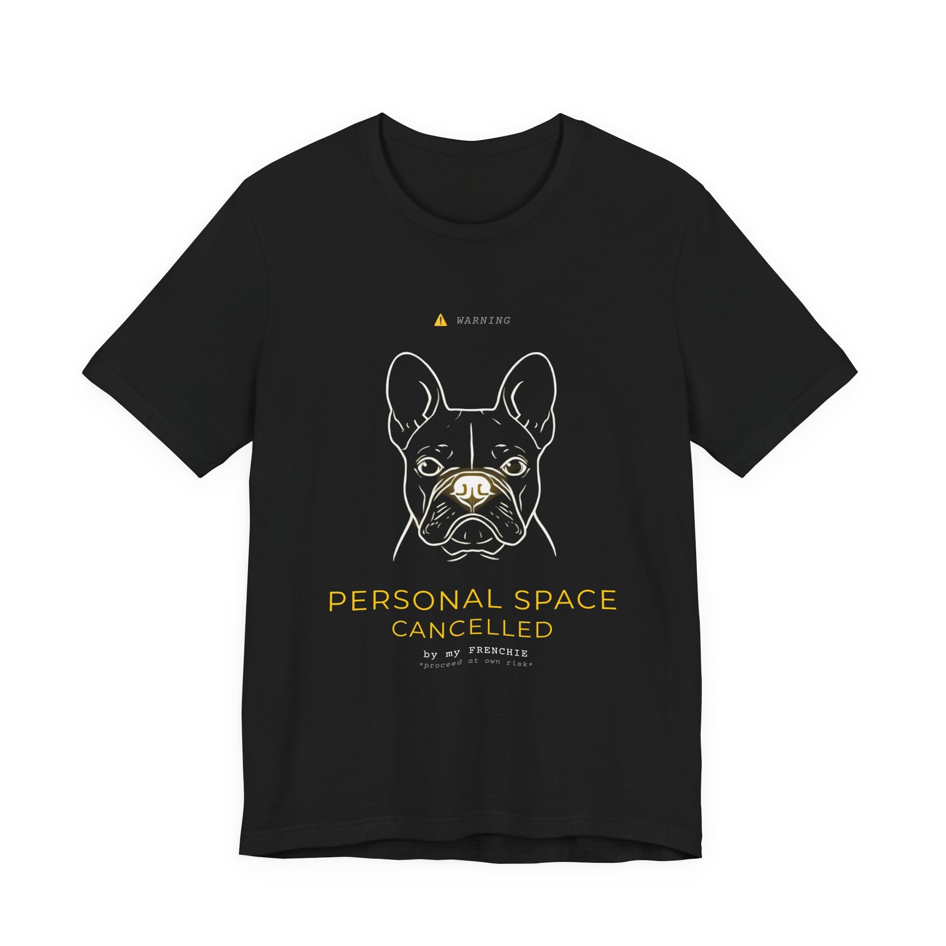 Personal Space Cancelled French Bulldog T-Shirt — worn outdoors on a walk