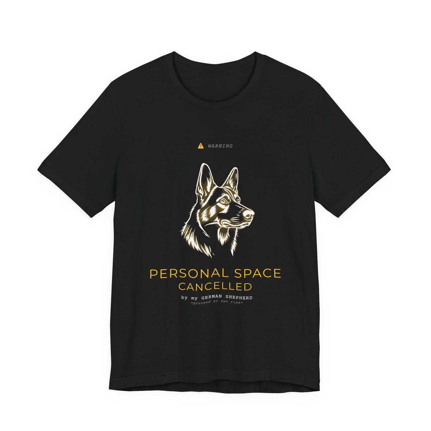 Personal Space Cancelled German Shepherd T-Shirt — worn outdoors on a walk