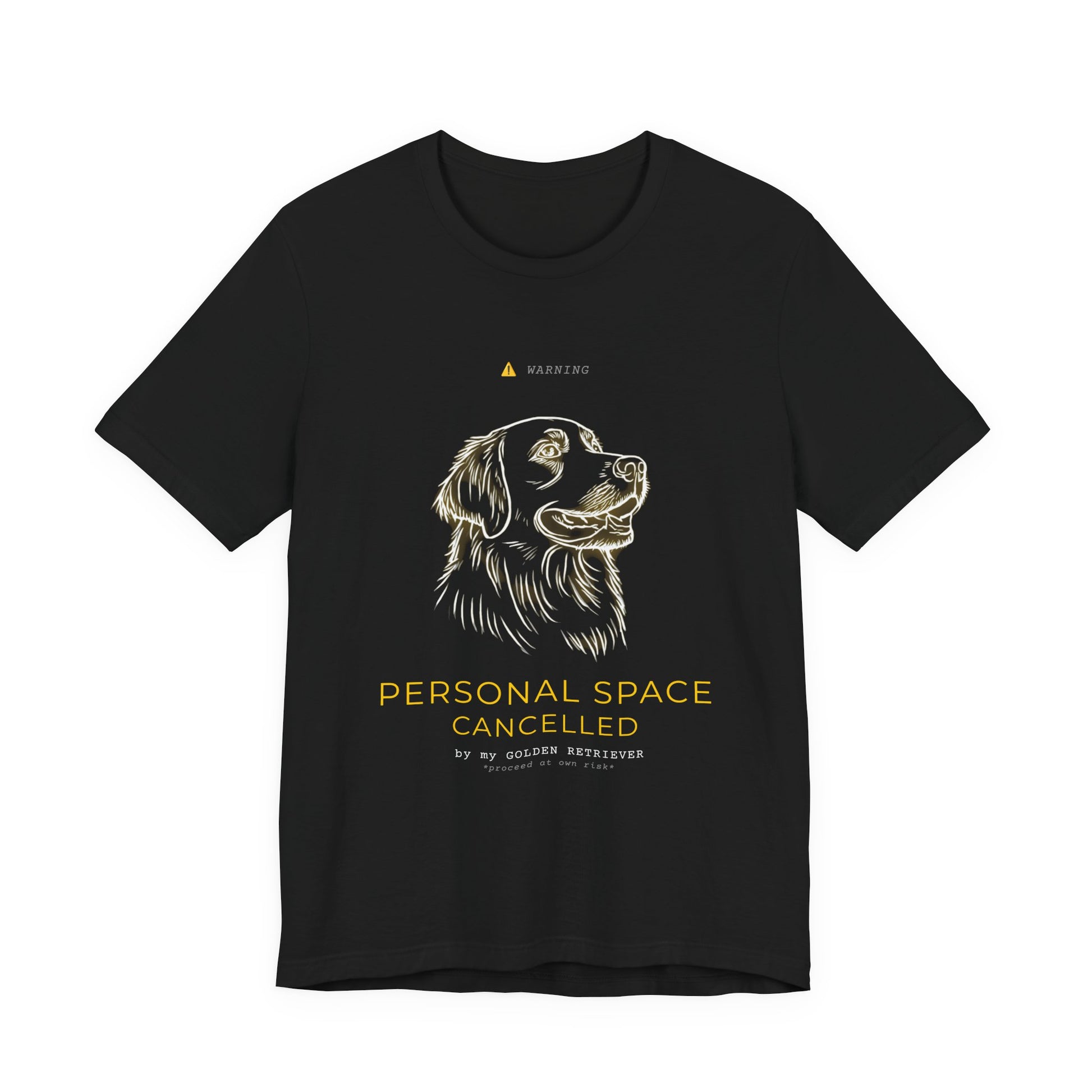 Personal Space Cancelled Golden Retriever T-Shirt — worn outdoors on a walk