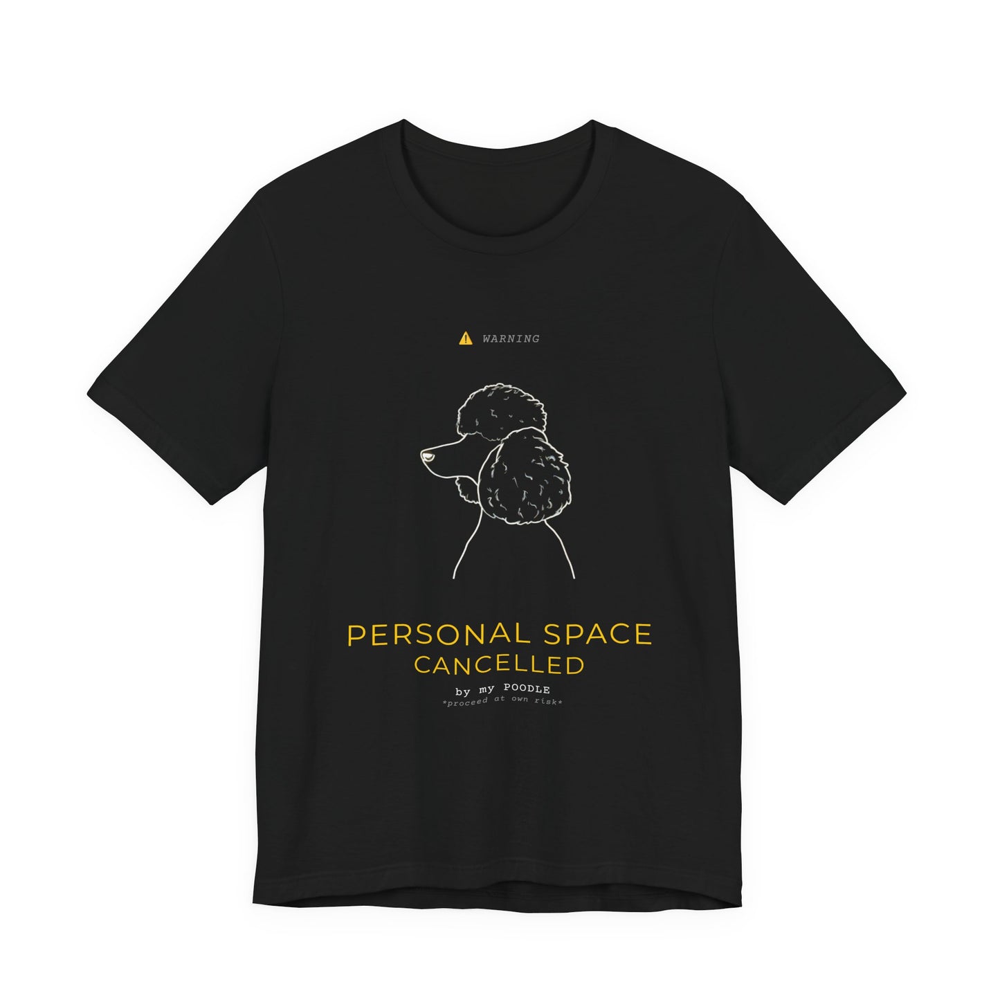 Personal Space Cancelled Poodle T-Shirt — worn outdoors on a walk