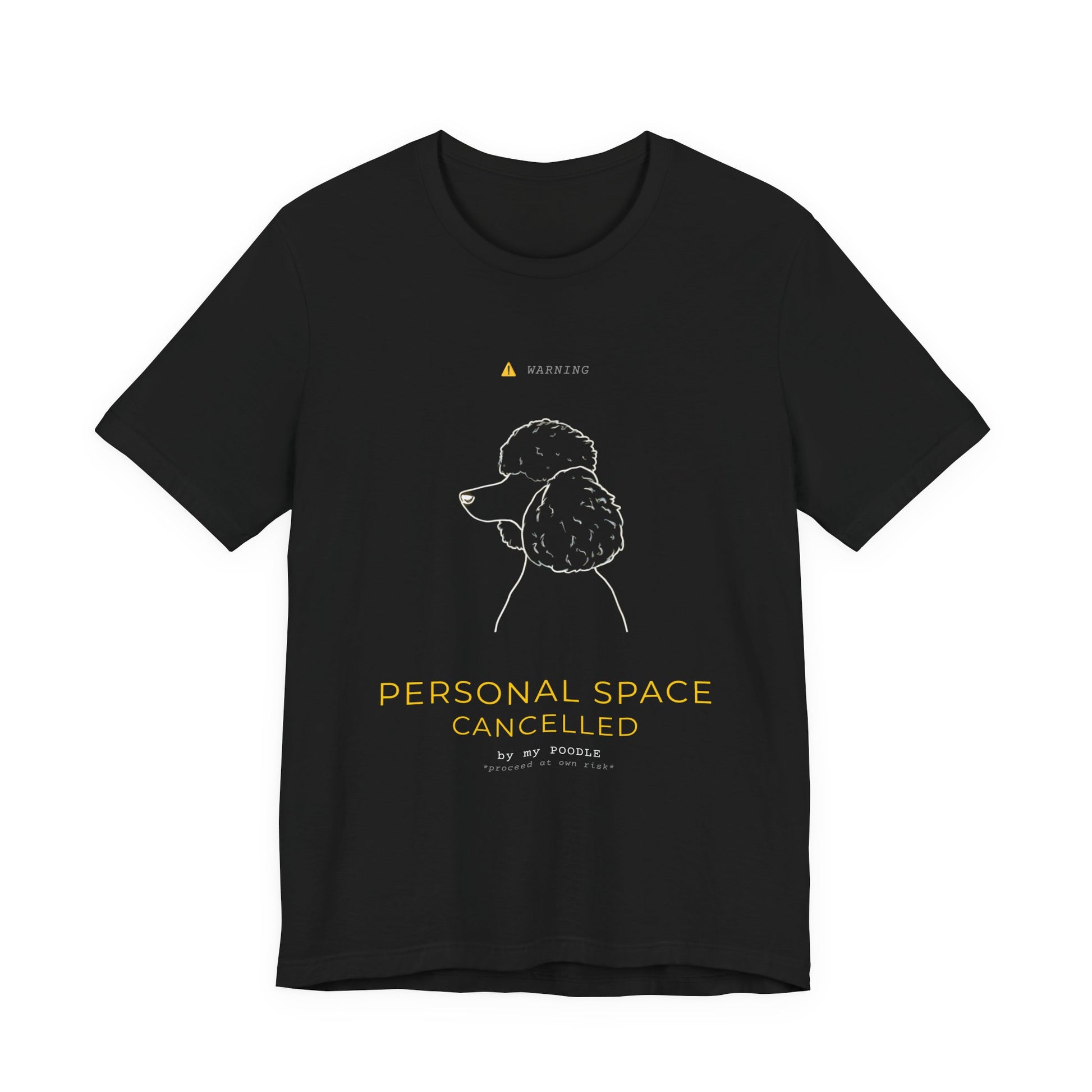 Personal Space Cancelled Poodle T-Shirt — worn outdoors on a walk