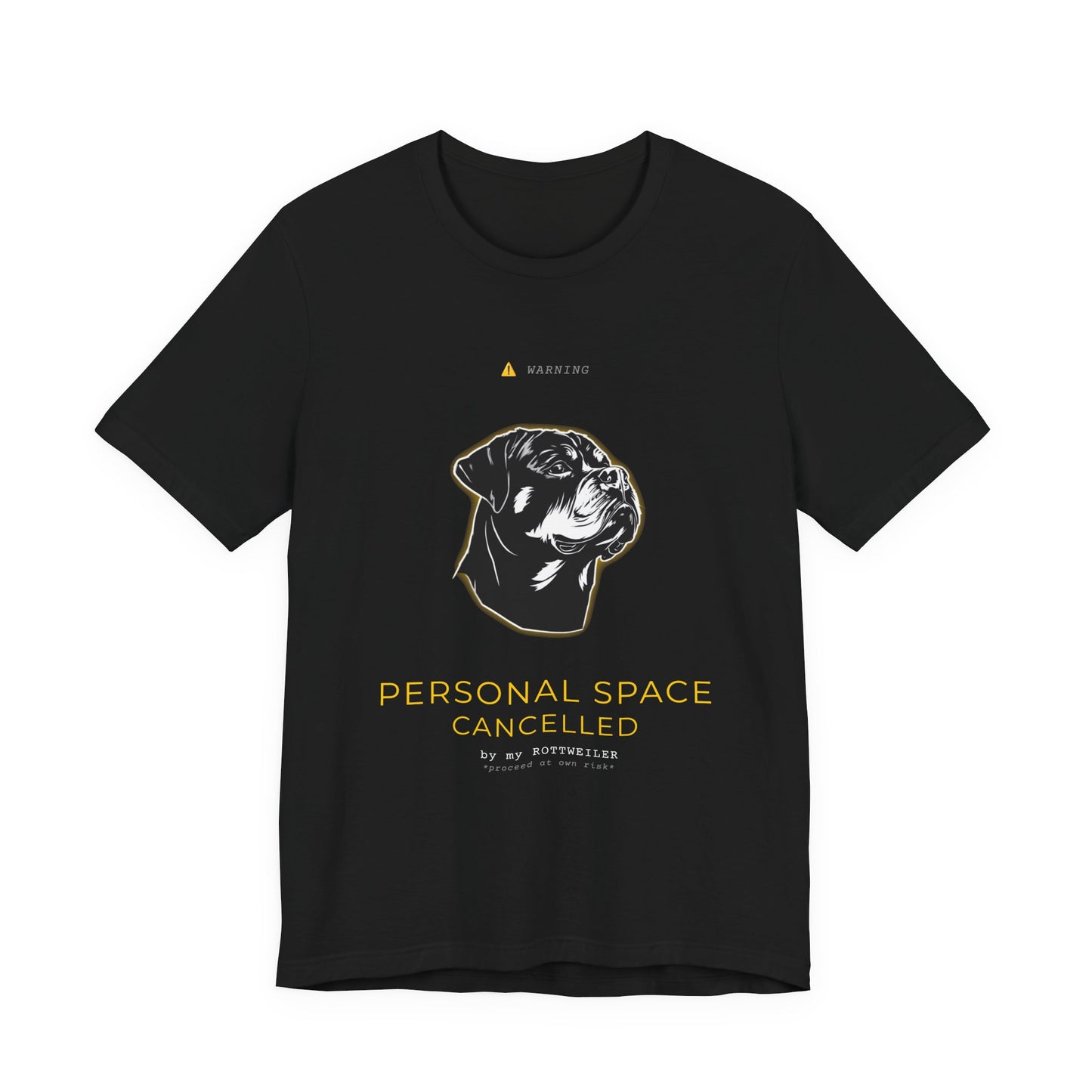 Personal Space Cancelled Rottweiler T-Shirt — worn outdoors on a walk