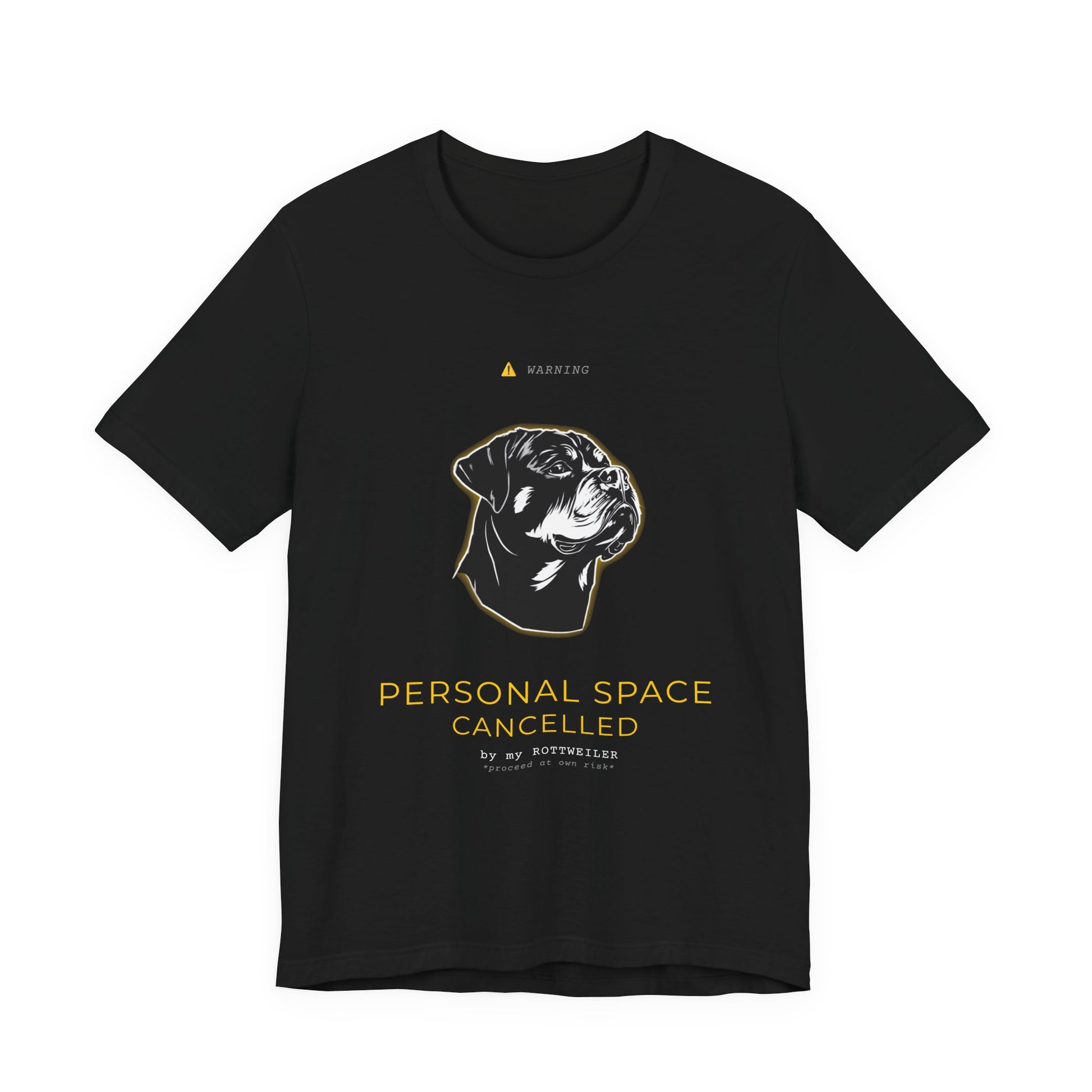 Personal Space Cancelled Rottweiler T-Shirt — worn outdoors on a walk