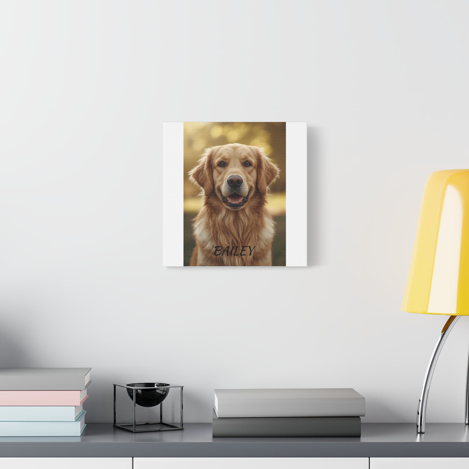 Personalized dog photo canvas print displayed in a living room