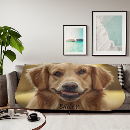 Personalized dog photo blanket in a living room setting