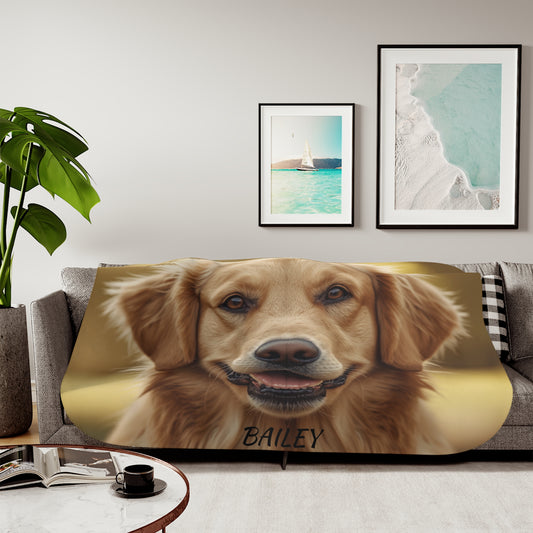 Personalized dog photo blanket in a living room setting