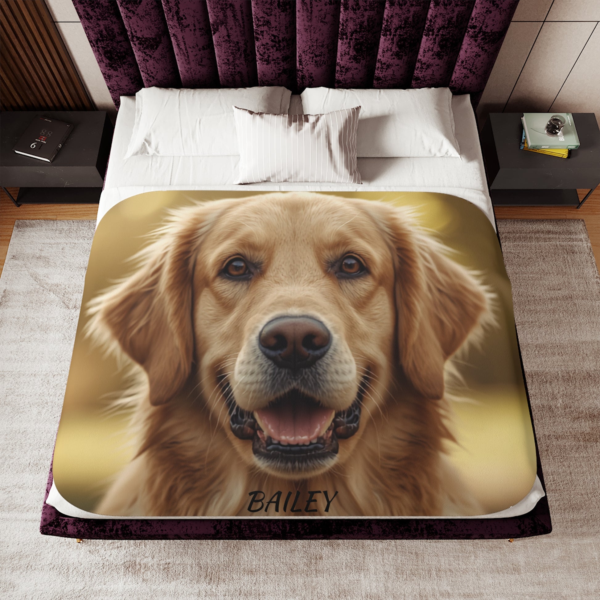 Personalized dog photo blanket draped on a bed