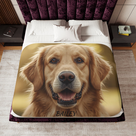 Personalized dog photo blanket draped on a bed