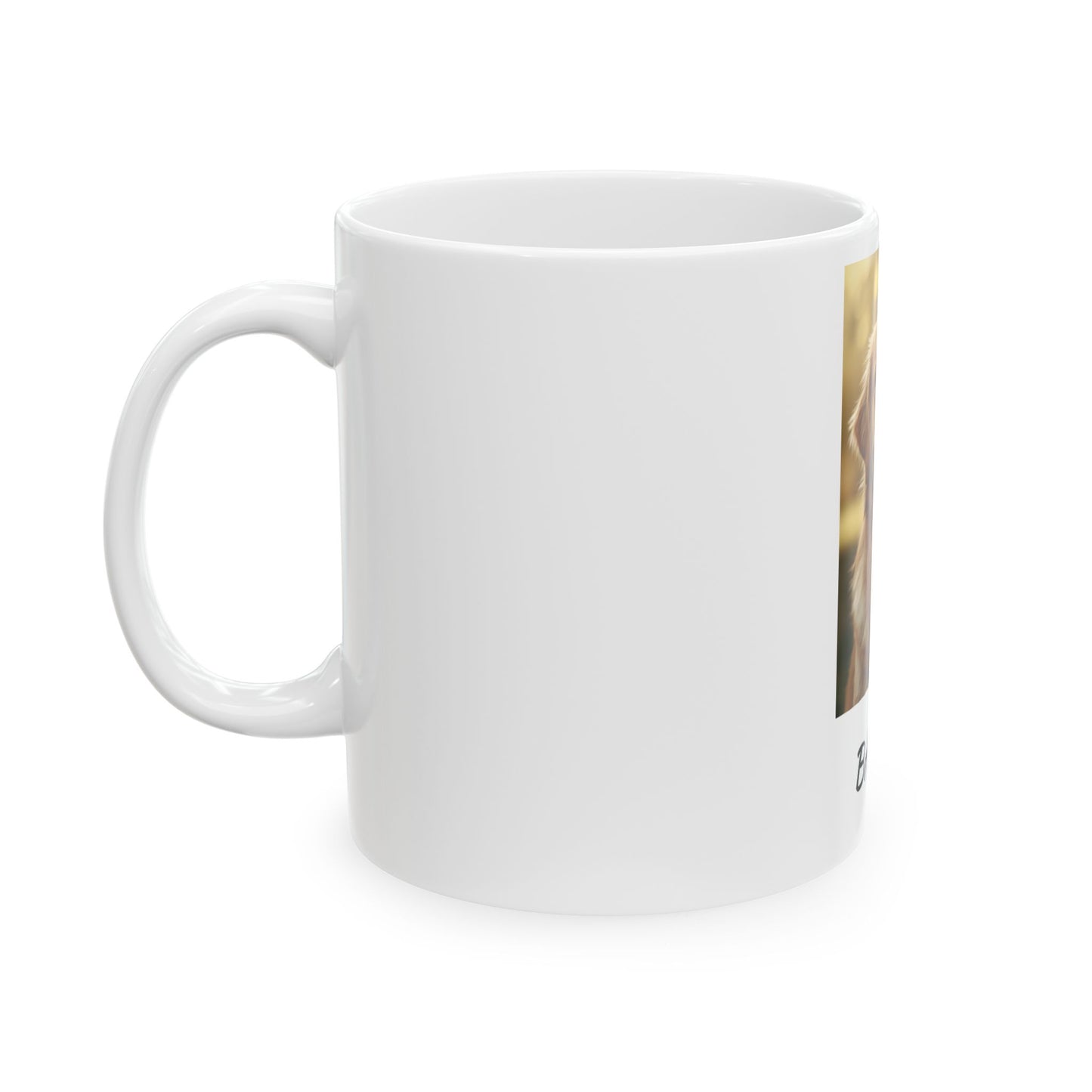 Personalized dog photo mug on kitchen counter