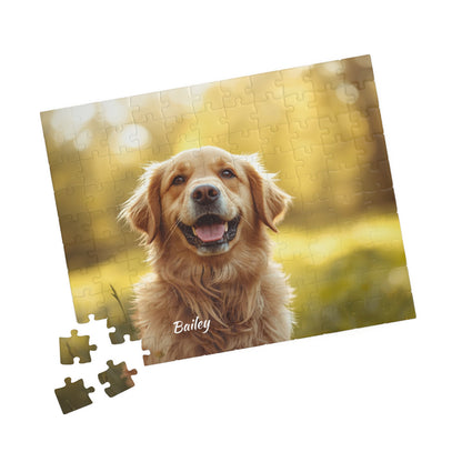 Personalized dog photo puzzle partially assembled beside its gift box