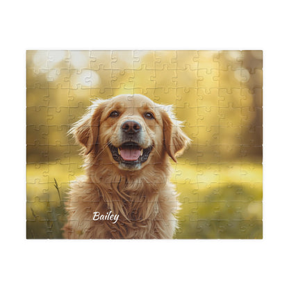 Personalized dog photo puzzle with pet's name printed in the corner, 110 pieces