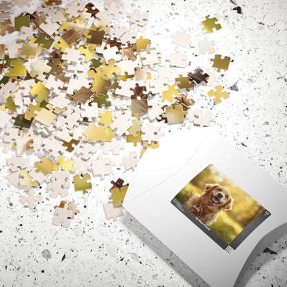 Personalized dog photo puzzle gift box with scattered pieces