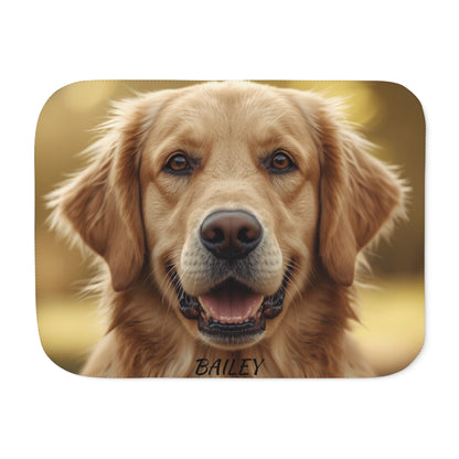 Personalized dog photo sherpa blanket with custom name, front view
