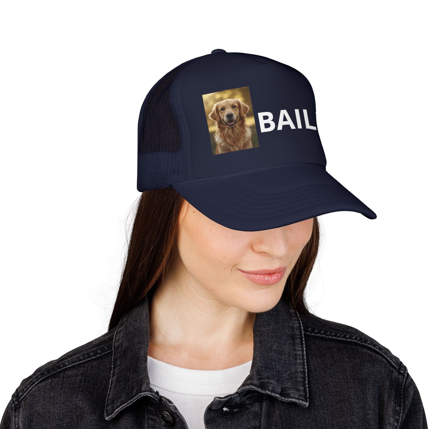 Back of personalized dog trucker hat showing adjustable snap closure