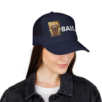 Back of personalized dog trucker hat showing adjustable snap closure