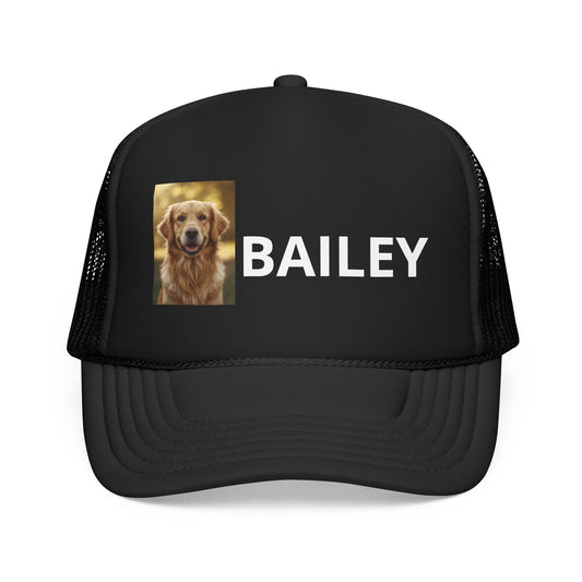 Black personalized dog trucker hat with custom pet photo and name, front view