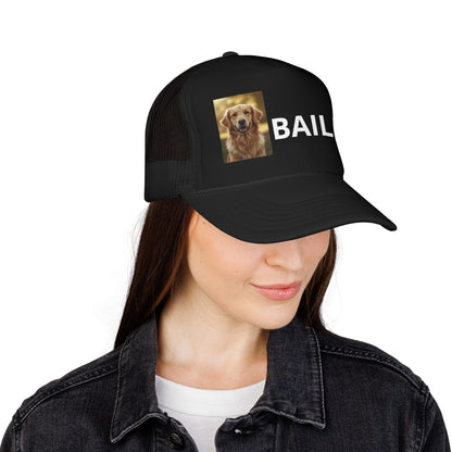 Close-up of custom pet photo and name print on trucker hat