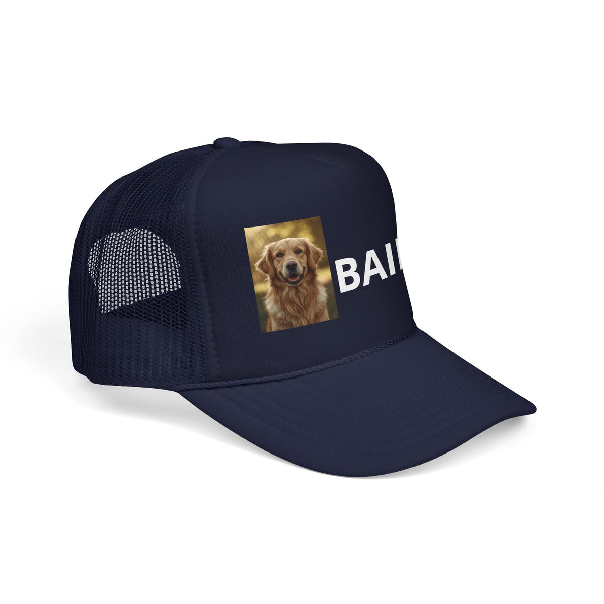 Personalized dog trucker hat flat lay, black and navy colours