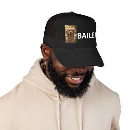 Navy personalized dog trucker hat with custom pet photo and name, front view