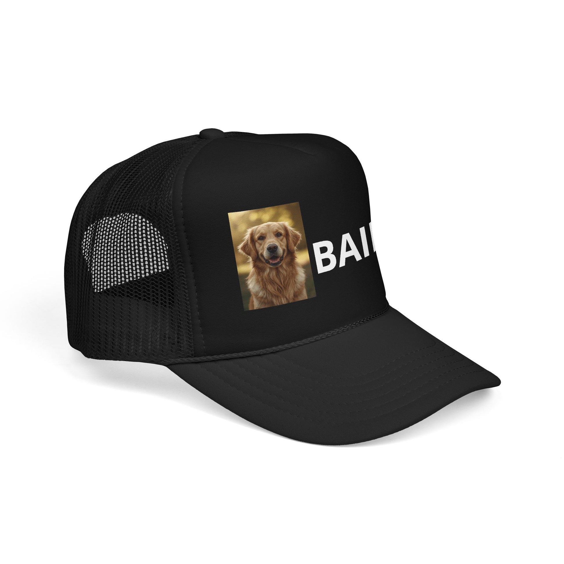 Man wearing personalized dog trucker hat with custom pet photo