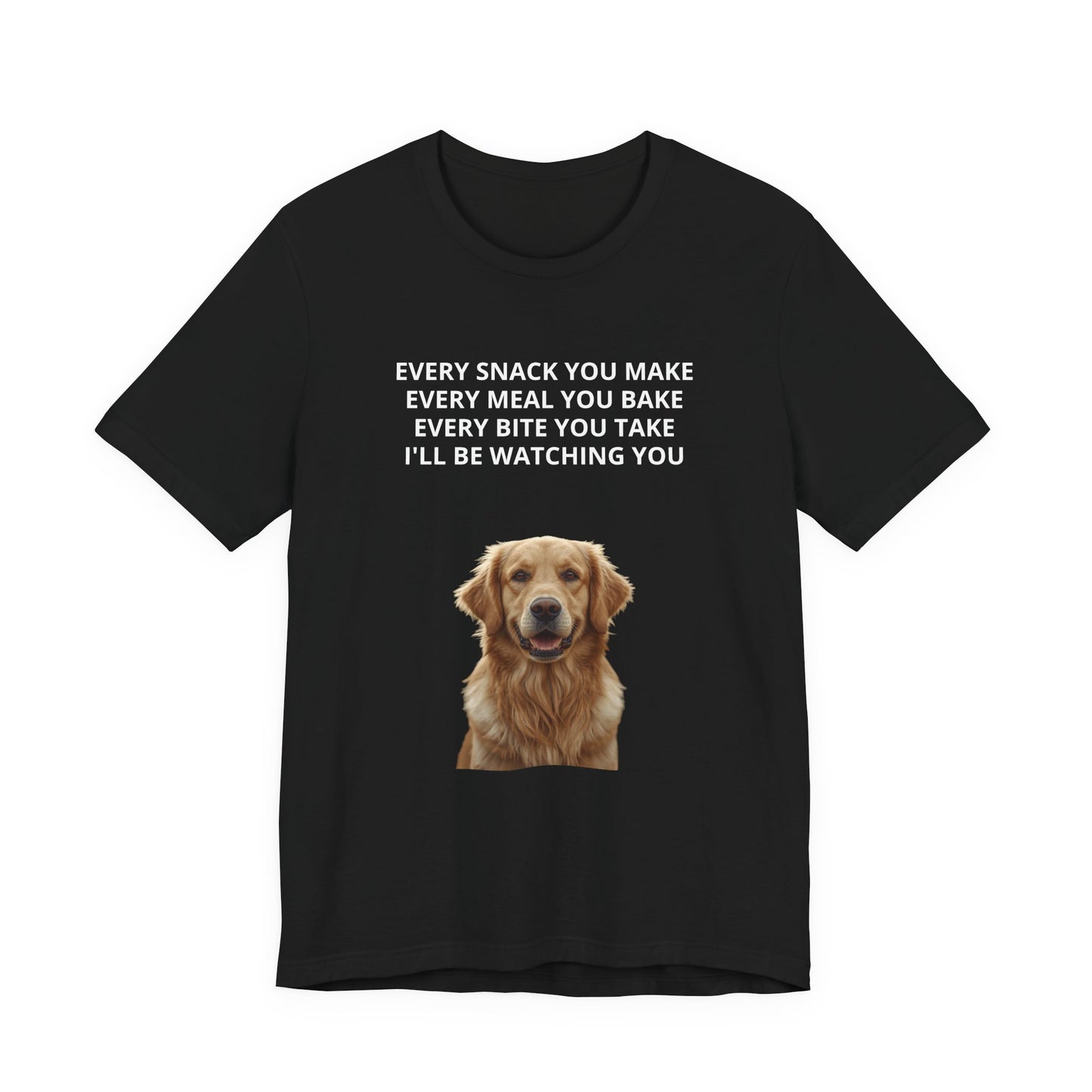 Personalized "Every Snack You Make" dog photo t-shirt in Black, flat lay front view
