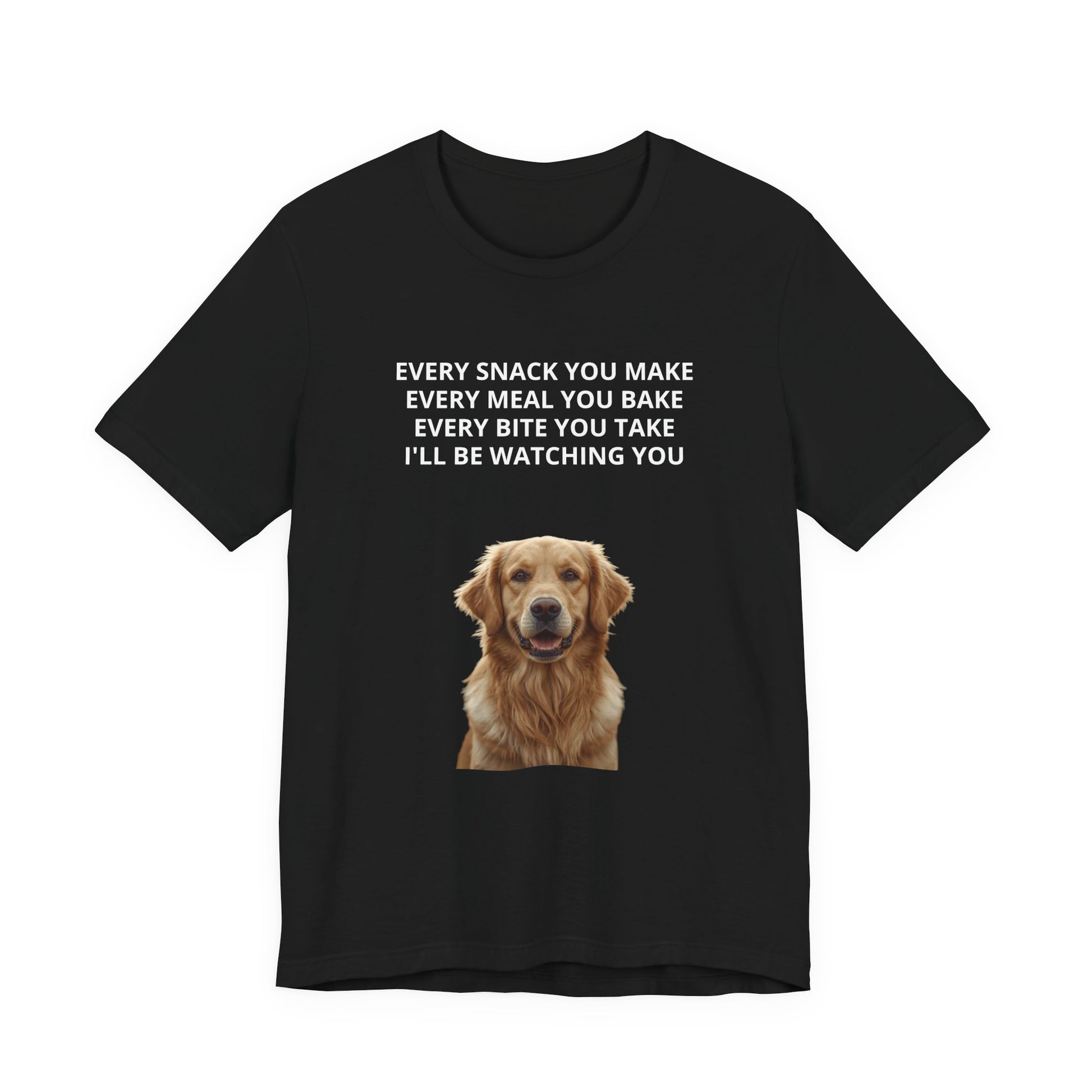 Personalized "Every Snack You Make" dog photo t-shirt in Black, flat lay front view
