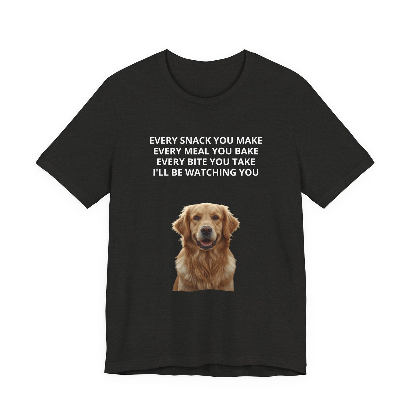 Personalized "Every Snack You Make" dog photo t-shirt in Black Heather, flat lay front view