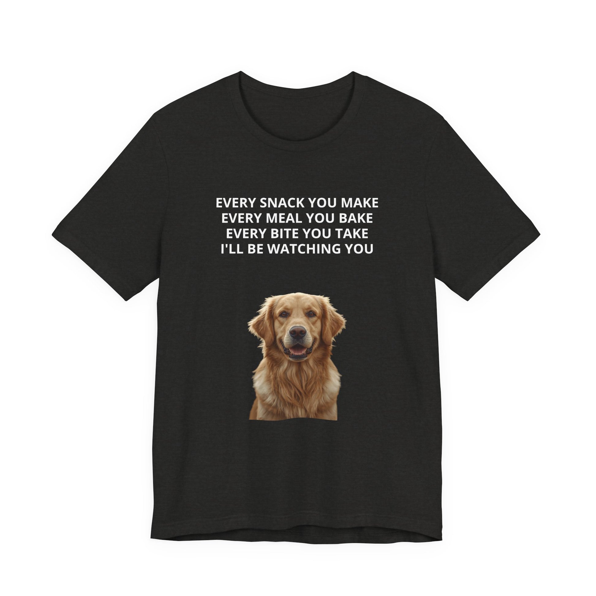 Personalized "Every Snack You Make" dog photo t-shirt in Black Heather, flat lay front view