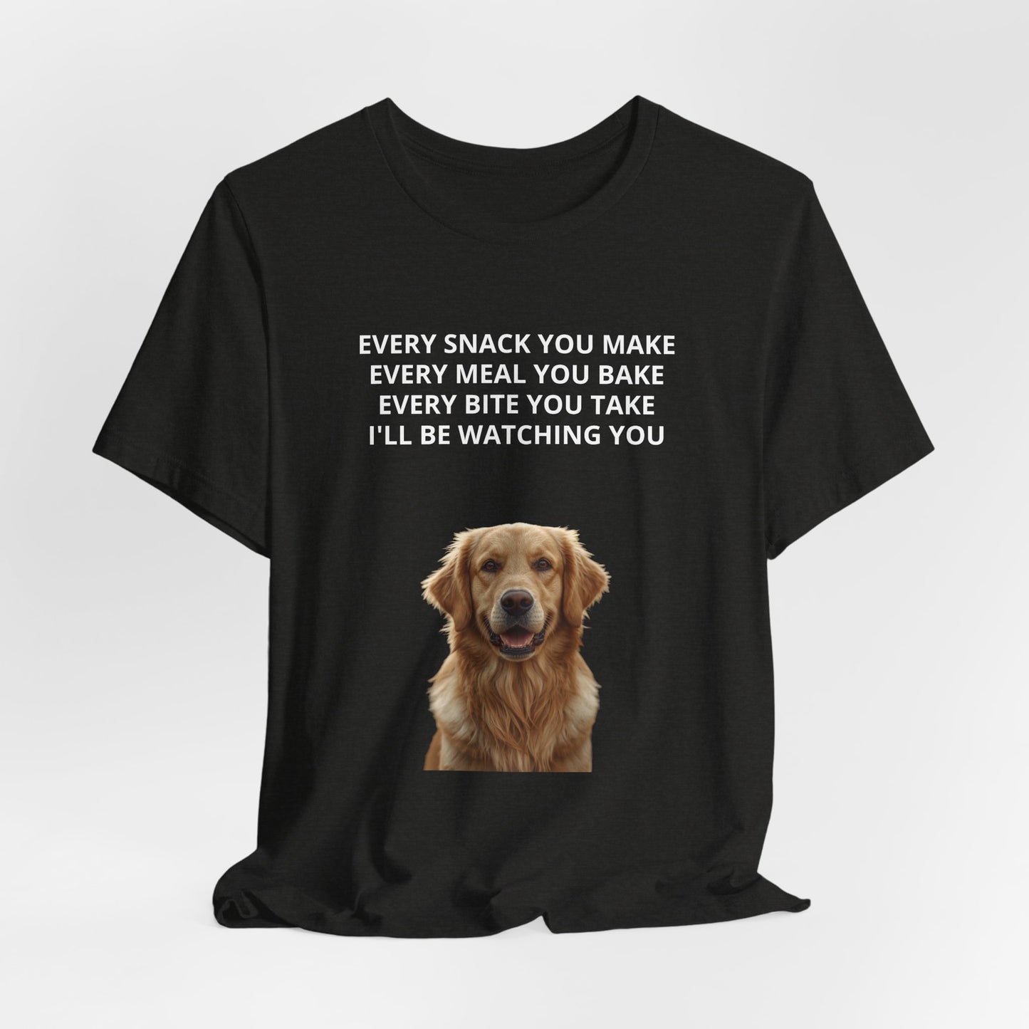 Personalized "Every Snack You Make" dog photo t-shirt in Black Heather, print close-up