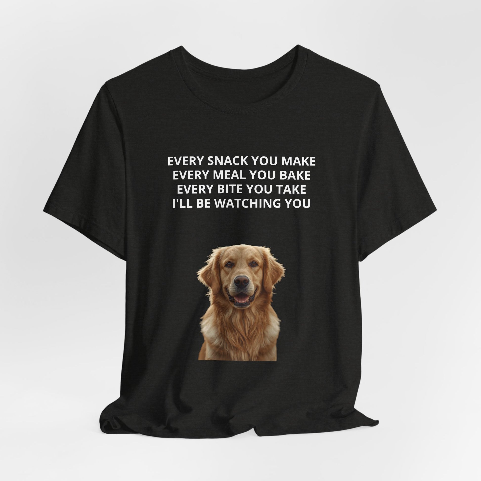 Personalized "Every Snack You Make" dog photo t-shirt in Black Heather, print close-up