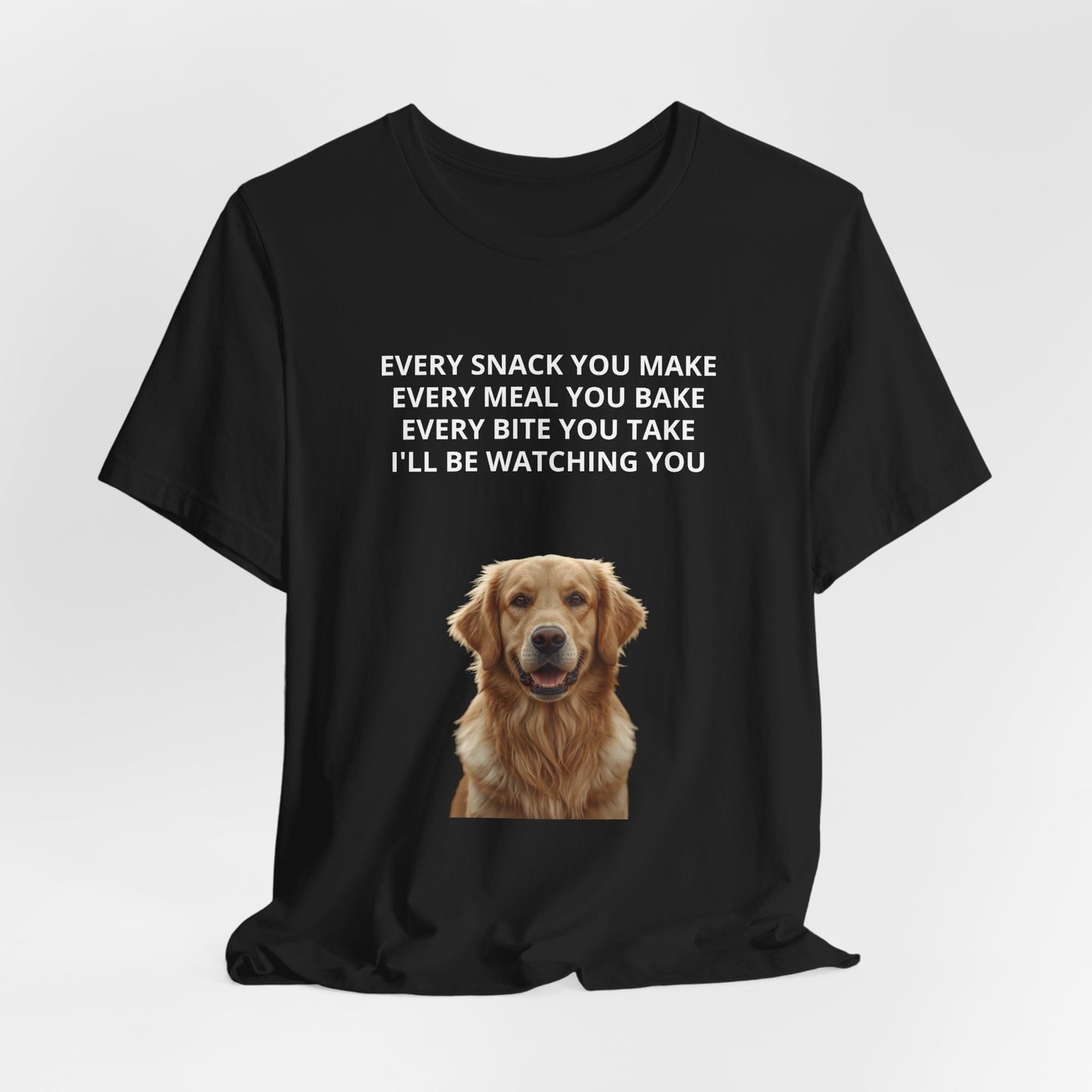 Personalized "Every Snack You Make" dog photo t-shirt in Black, print close-up