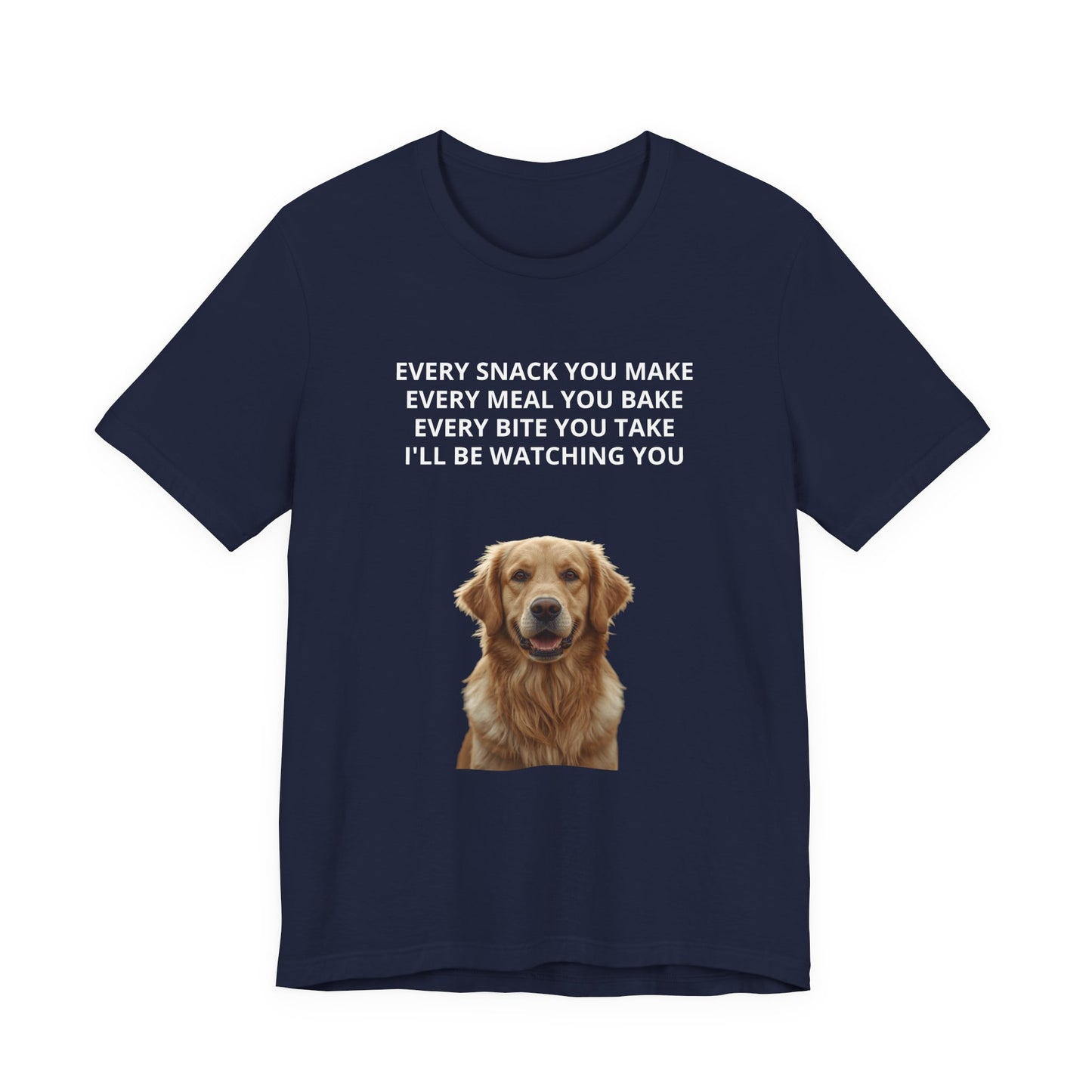 Personalized "Every Snack You Make" dog photo t-shirt in Navy, flat lay front view