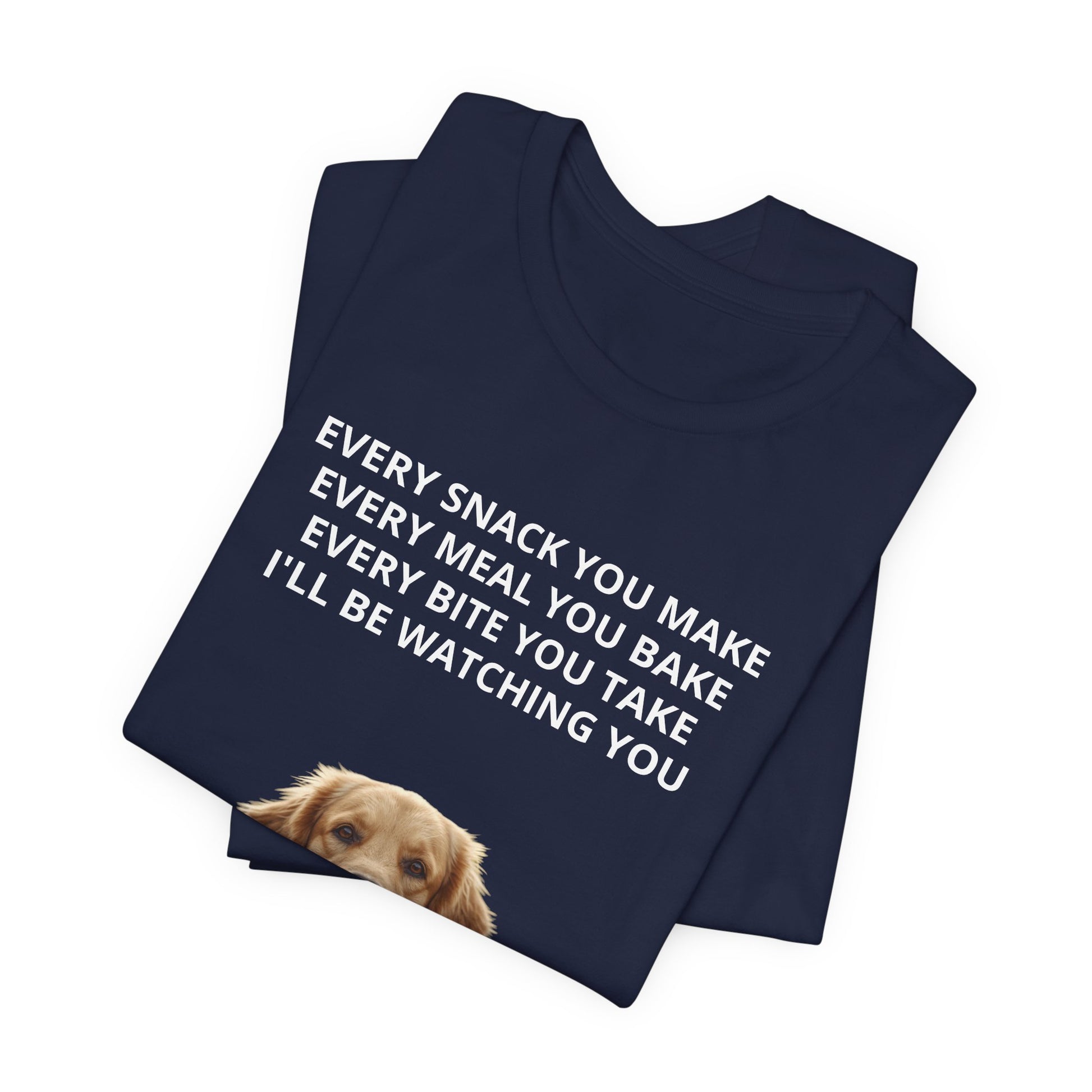 Personalized "Every Snack You Make" dog photo t-shirt in Navy, folded flat lay