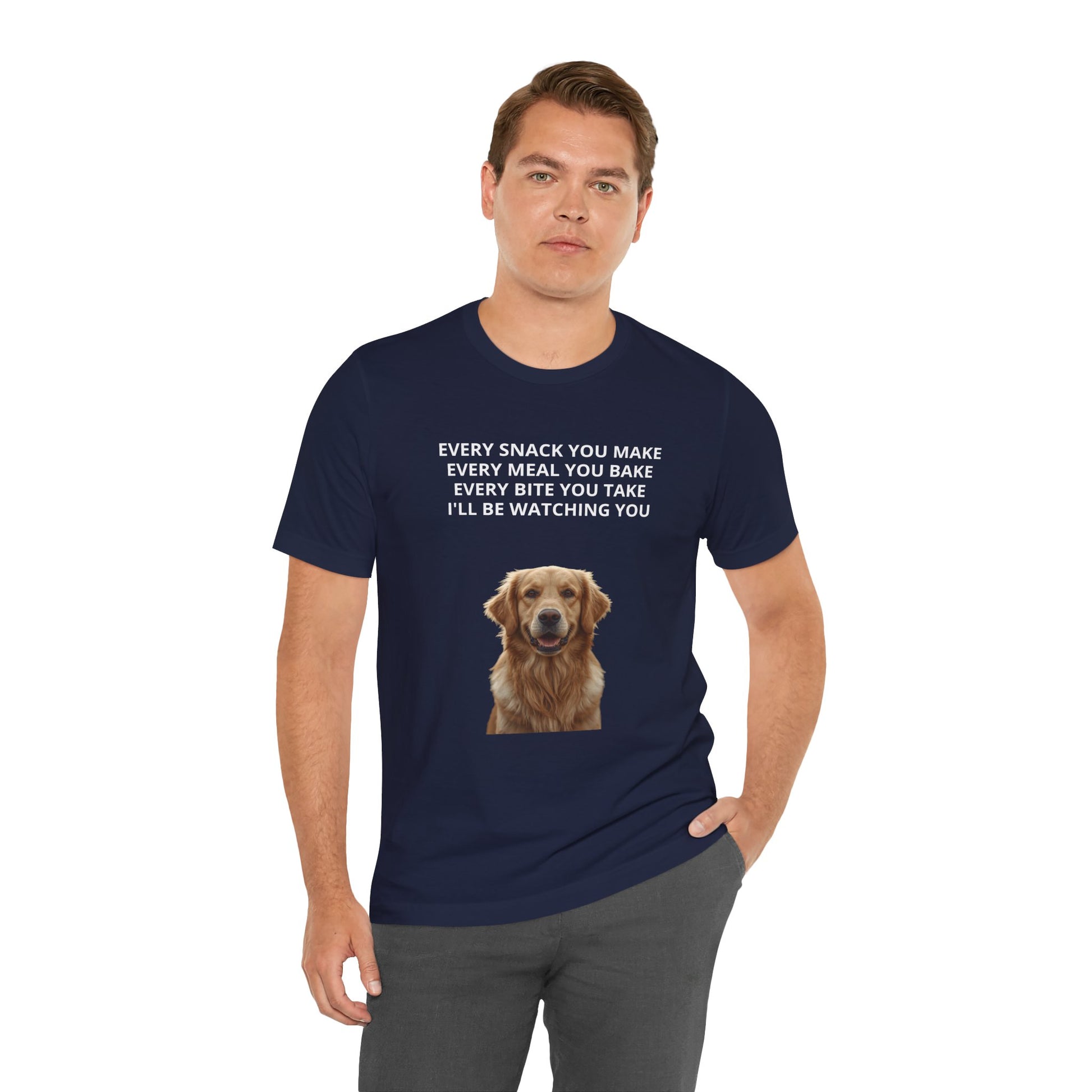 Personalized "Every Snack You Make" dog photo t-shirt in Navy, front view on male model