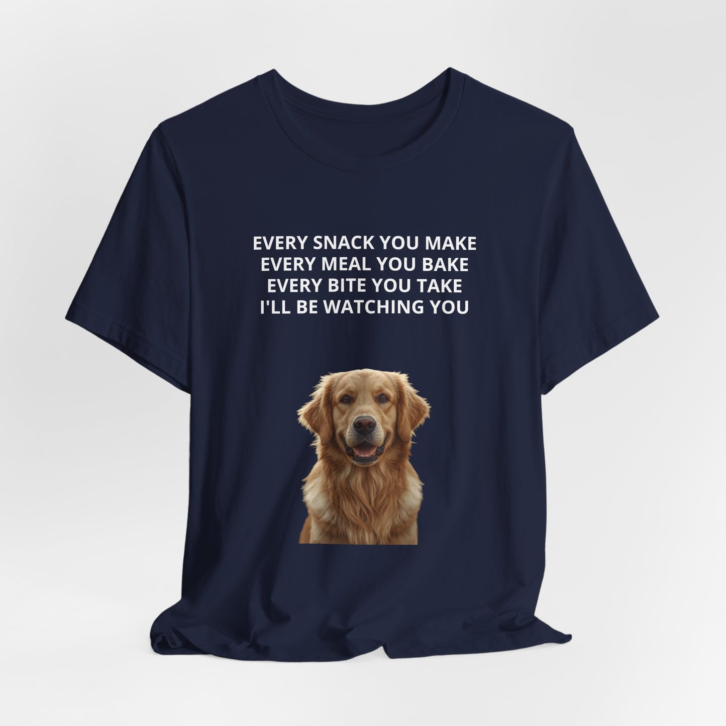 Personalized "Every Snack You Make" dog photo t-shirt in Navy, print close-up