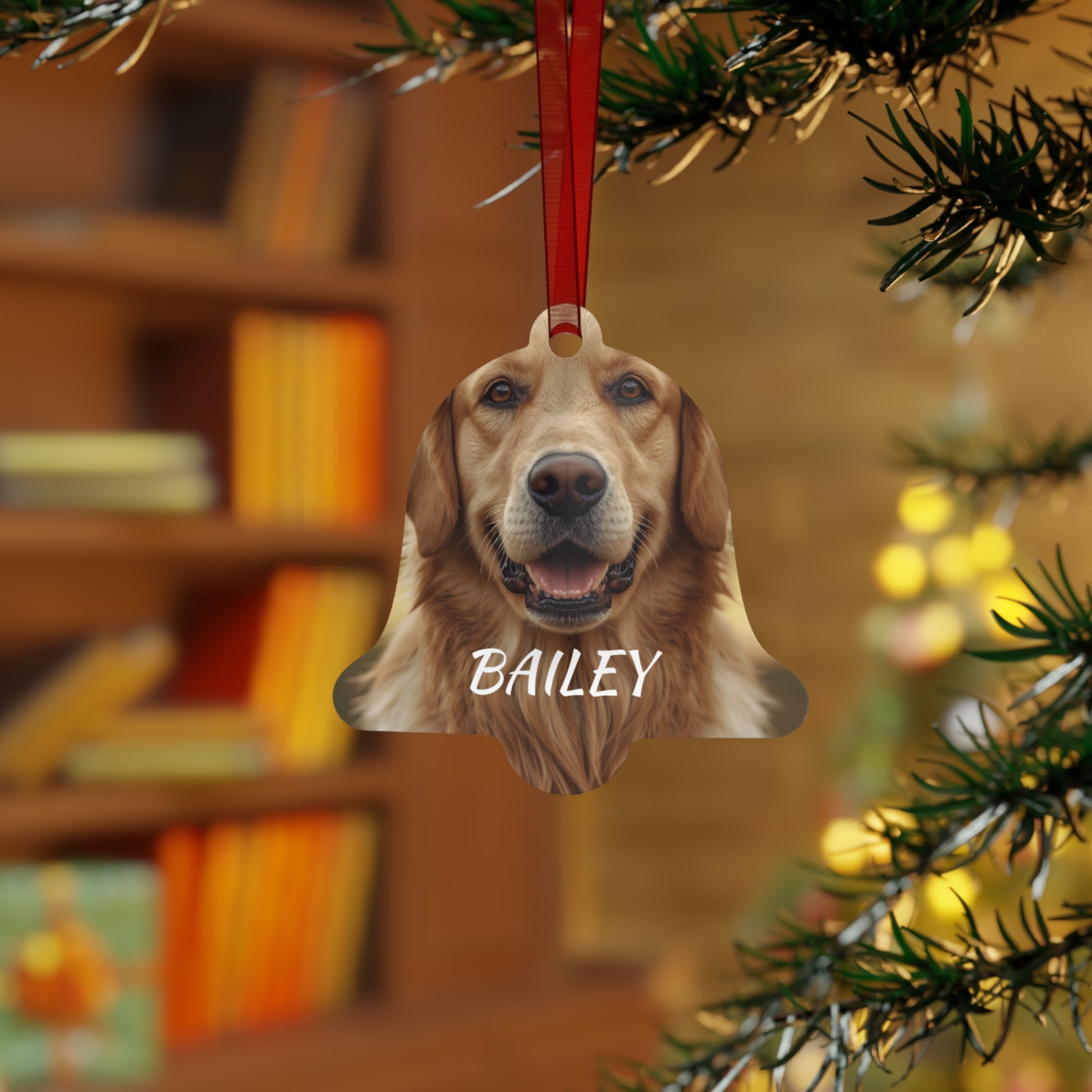 Personalized pet photo bell ornament hanging on Christmas tree