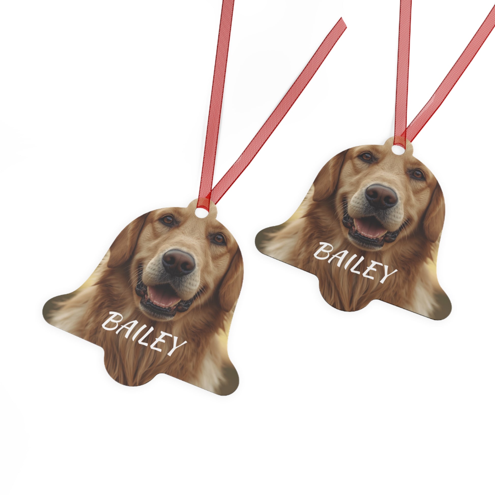 Two personalized pet photo bell ornaments hanging together