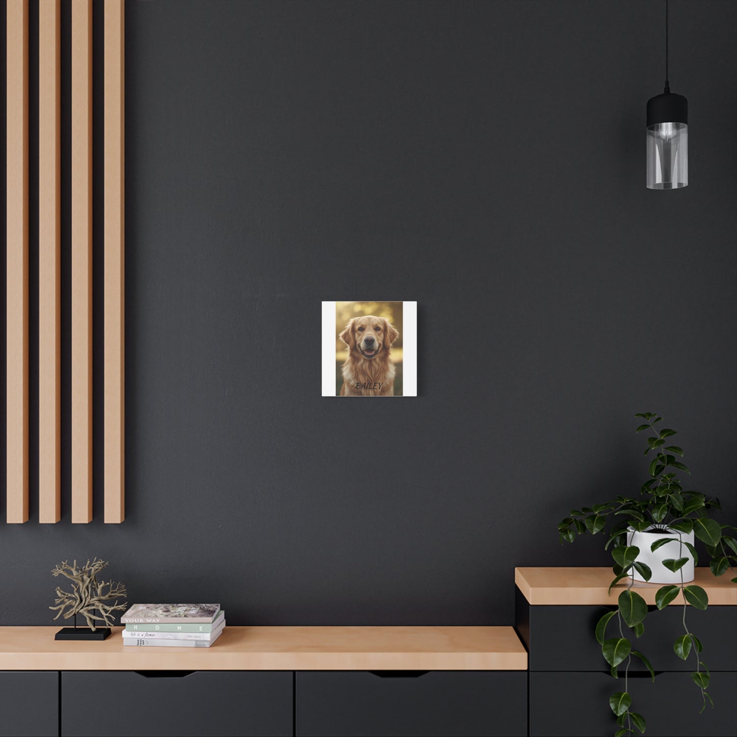 Personalized pet photo canvas wall art in a home setting