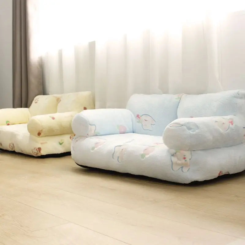 Yellow and blue sofa pet beds side by side — M size — plush printed fabric with non-slip base — SniffWaggleNWalk
